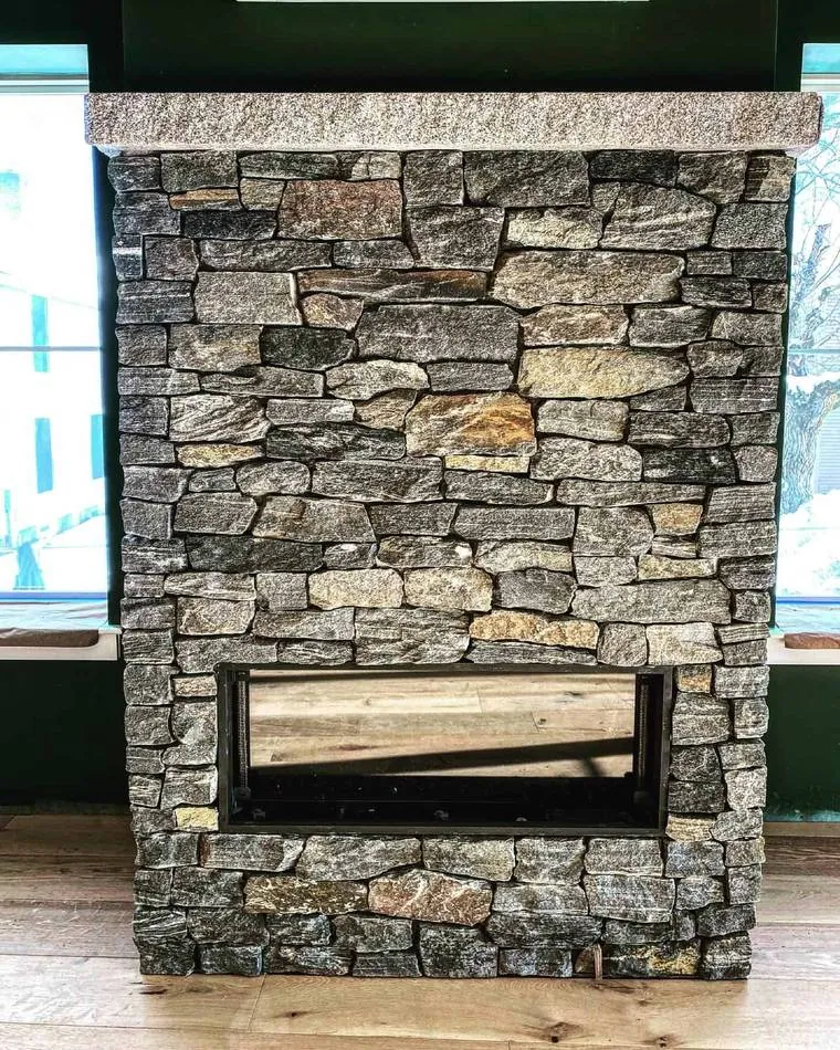 Dark stone veneer feature wall